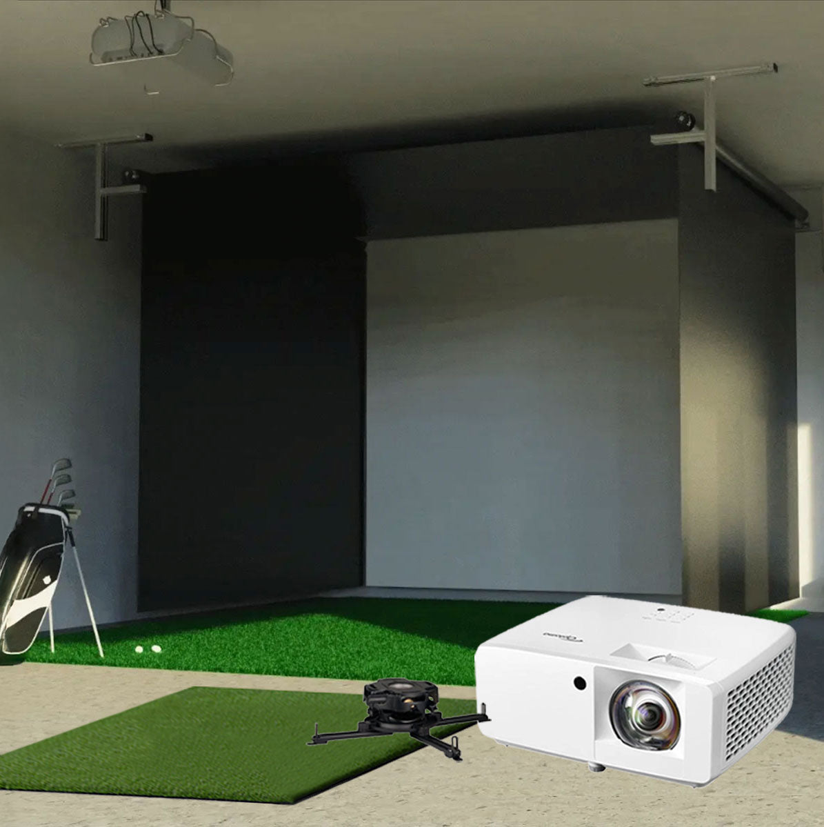 Bushnell Launch Pro Circle B SportScreen Vanish Retractable Golf Studio Complete Package | Home Golf Simulator Studio with Impact Screen, Enclosure, Hitting Mat, Putting Turf & Projector