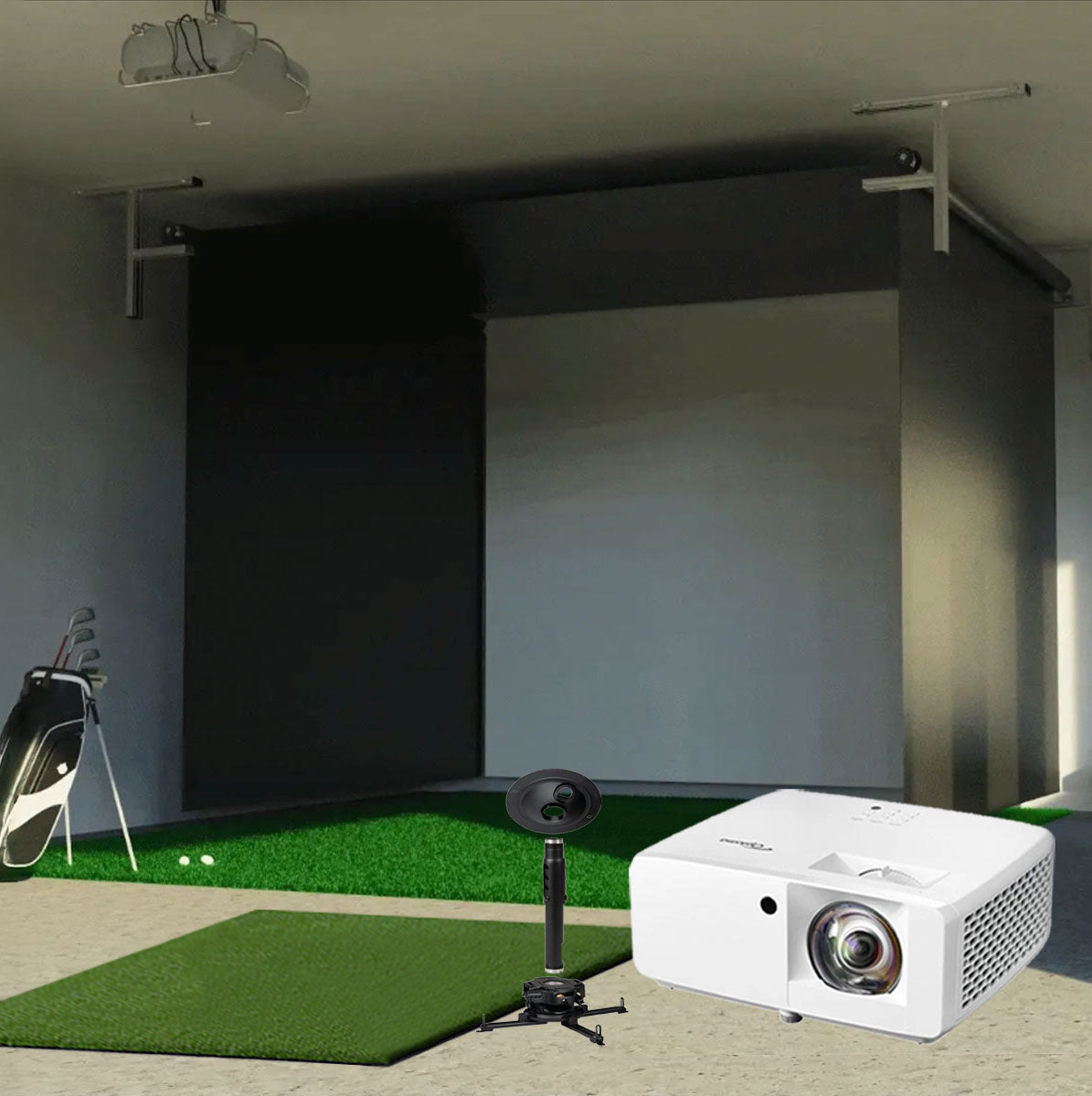 SportScreen Vanish Retractable Golf Studio Complete Package by Golficity | Home Golf Simulator Studio with Impact Screen, Enclosure, Hitting Mat, Putting Turf & Projector