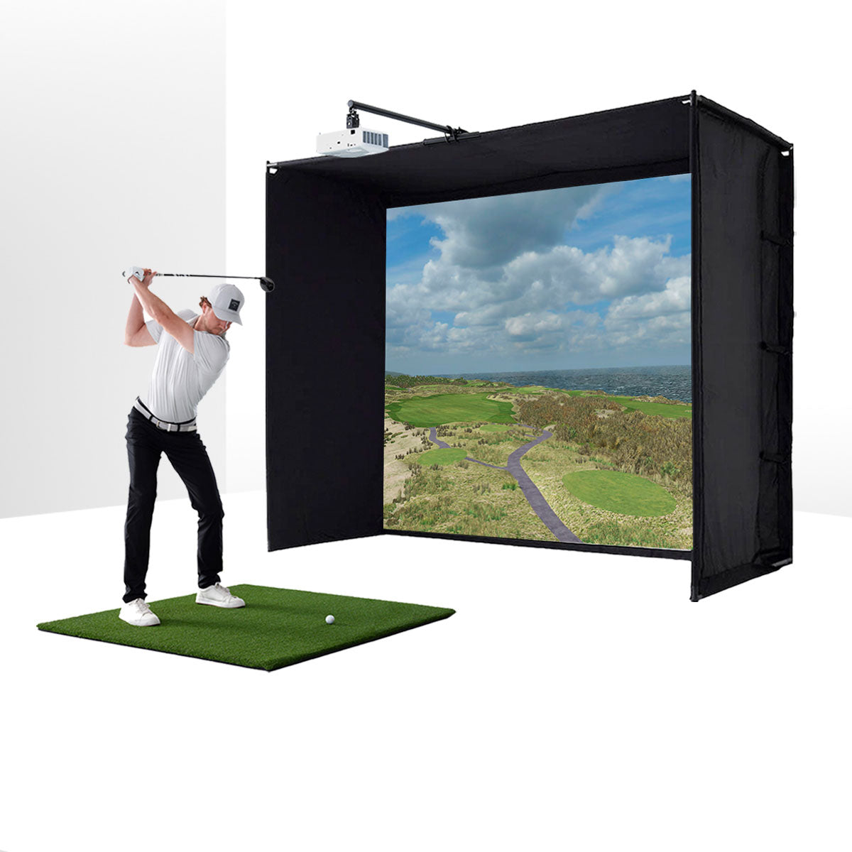 PlayBetter SimStudio™ COMPLETE by Golficity | Home Golf Simulator Package with Enclosure, Impact Screen, Hitting/Putting Mats, Side Barriers & Projector