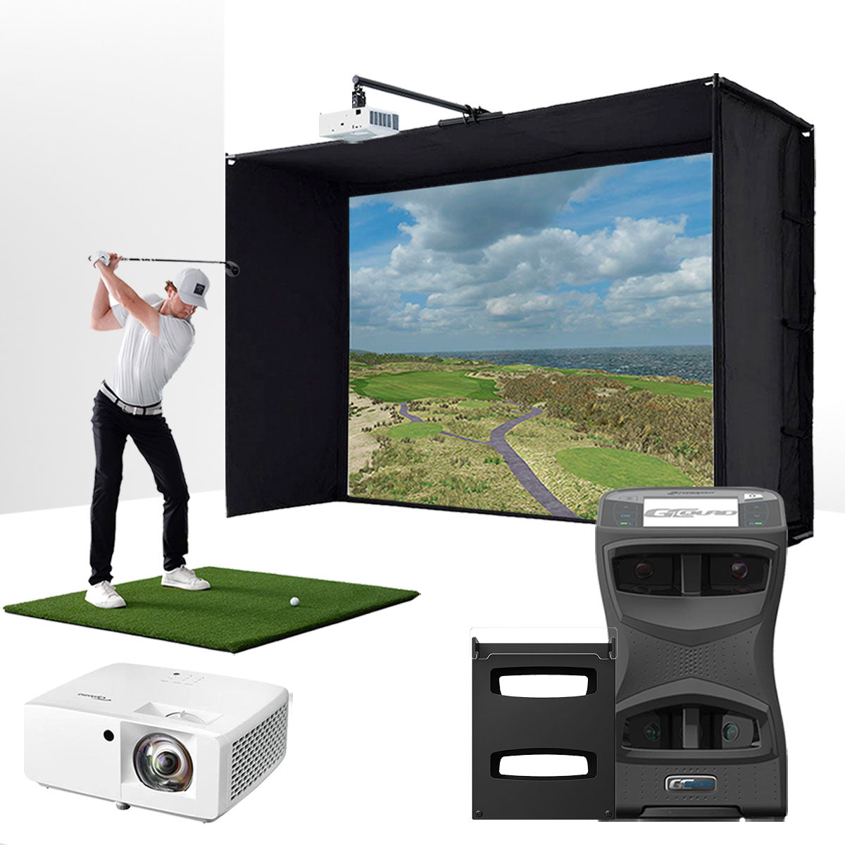 Foresight GCQuad with PlayBetter SimStudio™ ESSENTIALS Package | Golf Simulator Studio with Impact Screen, Enclosure, Hitting Mat, Projector & Protective Case