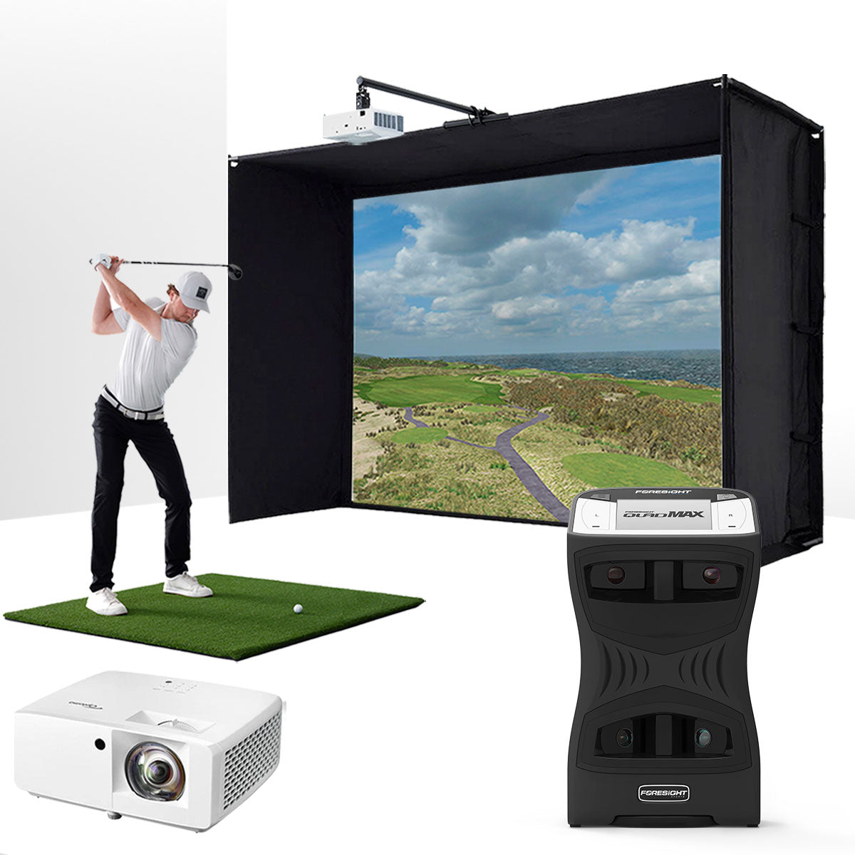 Foresight QuadMAX with PlayBetter SimStudio™ ESSENTIALS Package | Golf Simulator Studio with Impact Screen, Enclosure,Hitting Mat & Projector