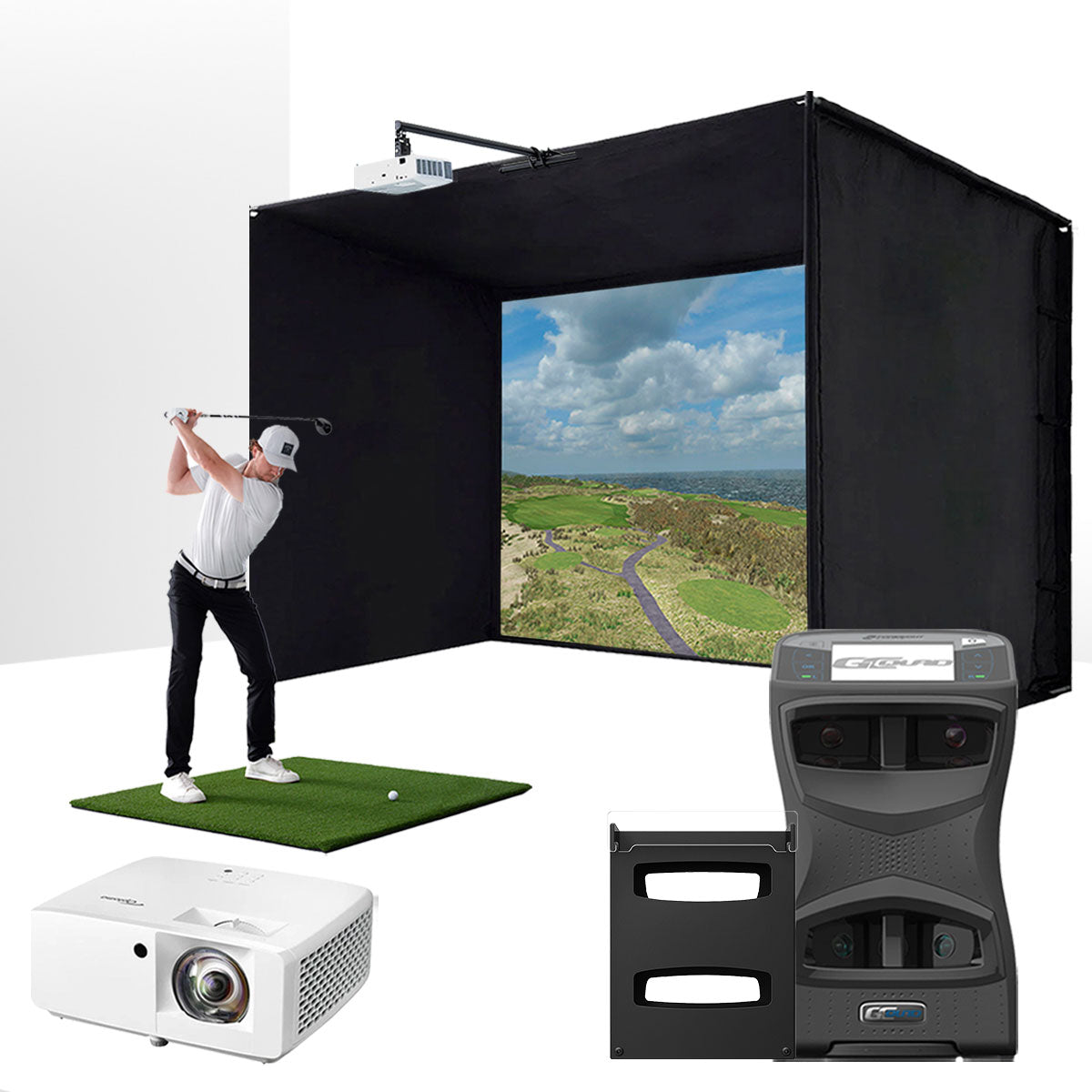 Foresight GCQuad with PlayBetter SimStudio™ ESSENTIALS Package | Golf Simulator Studio with Impact Screen, Enclosure, Hitting Mat, Projector & Protective Case