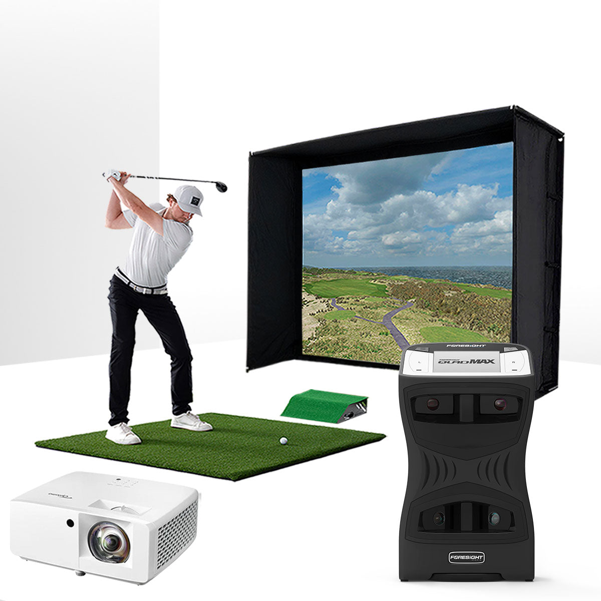 Foresight QuadMAX with PlayBetter SimStudio™ ESSENTIALS Package | Golf Simulator Studio with Impact Screen, Enclosure,Hitting Mat & Projector