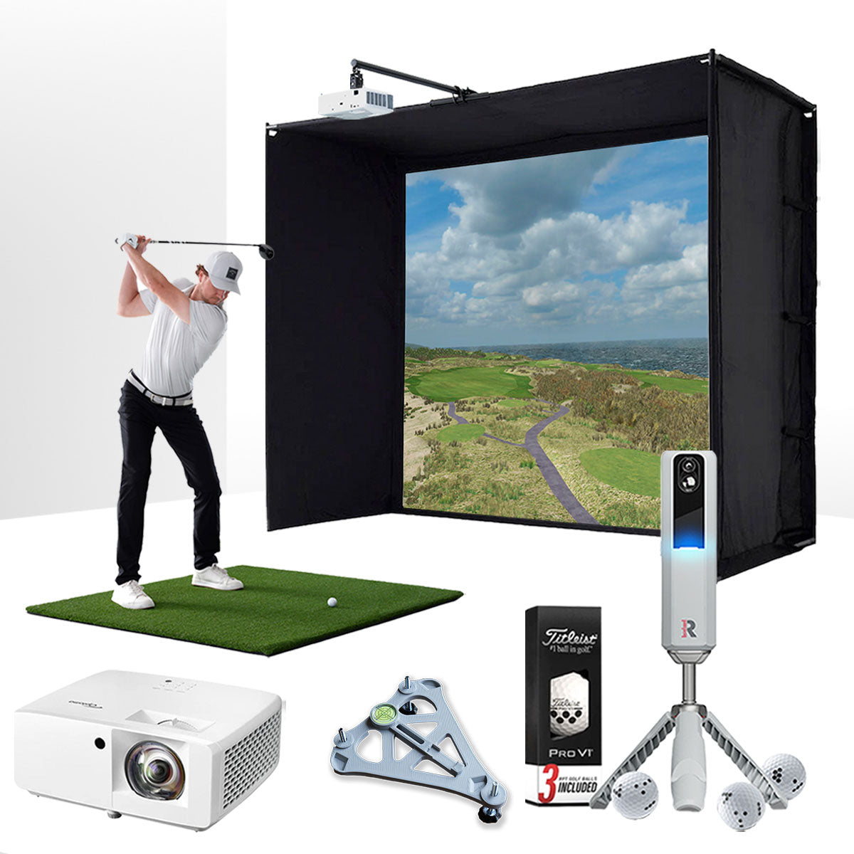 Rapsodo MLM2PRO with PlayBetter SimStudio™ ESSENTIALS Package | Golf Simulator Studio with Impact Screen, Enclosure, Hitting Mat, Projector & Alignment Stand