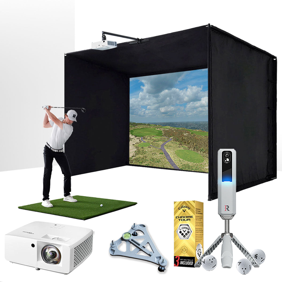 Rapsodo MLM2PRO with PlayBetter SimStudio™ ESSENTIALS Package | Golf Simulator Studio with Impact Screen, Enclosure, Hitting Mat, Projector & Alignment Stand
