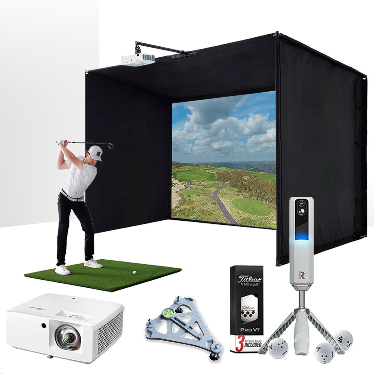 Rapsodo MLM2PRO with PlayBetter SimStudio™ ESSENTIALS Package | Golf Simulator Studio with Impact Screen, Enclosure, Hitting Mat, Projector & Alignment Stand