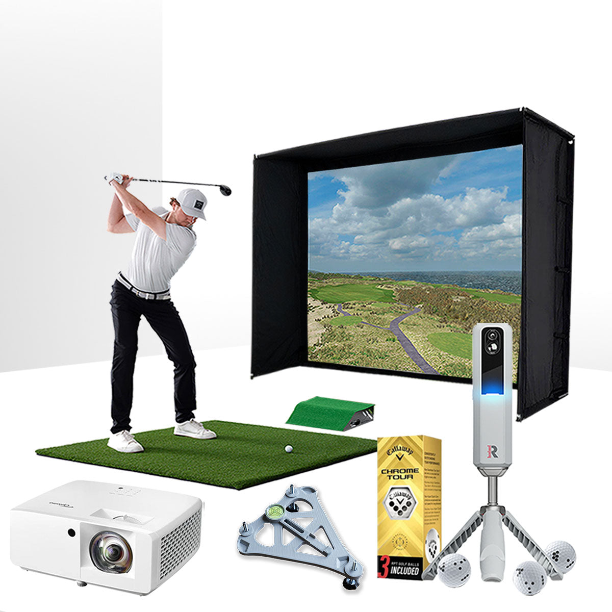 Rapsodo MLM2PRO with PlayBetter SimStudio™ ESSENTIALS Package | Golf Simulator Studio with Impact Screen, Enclosure, Hitting Mat, Projector & Alignment Stand
