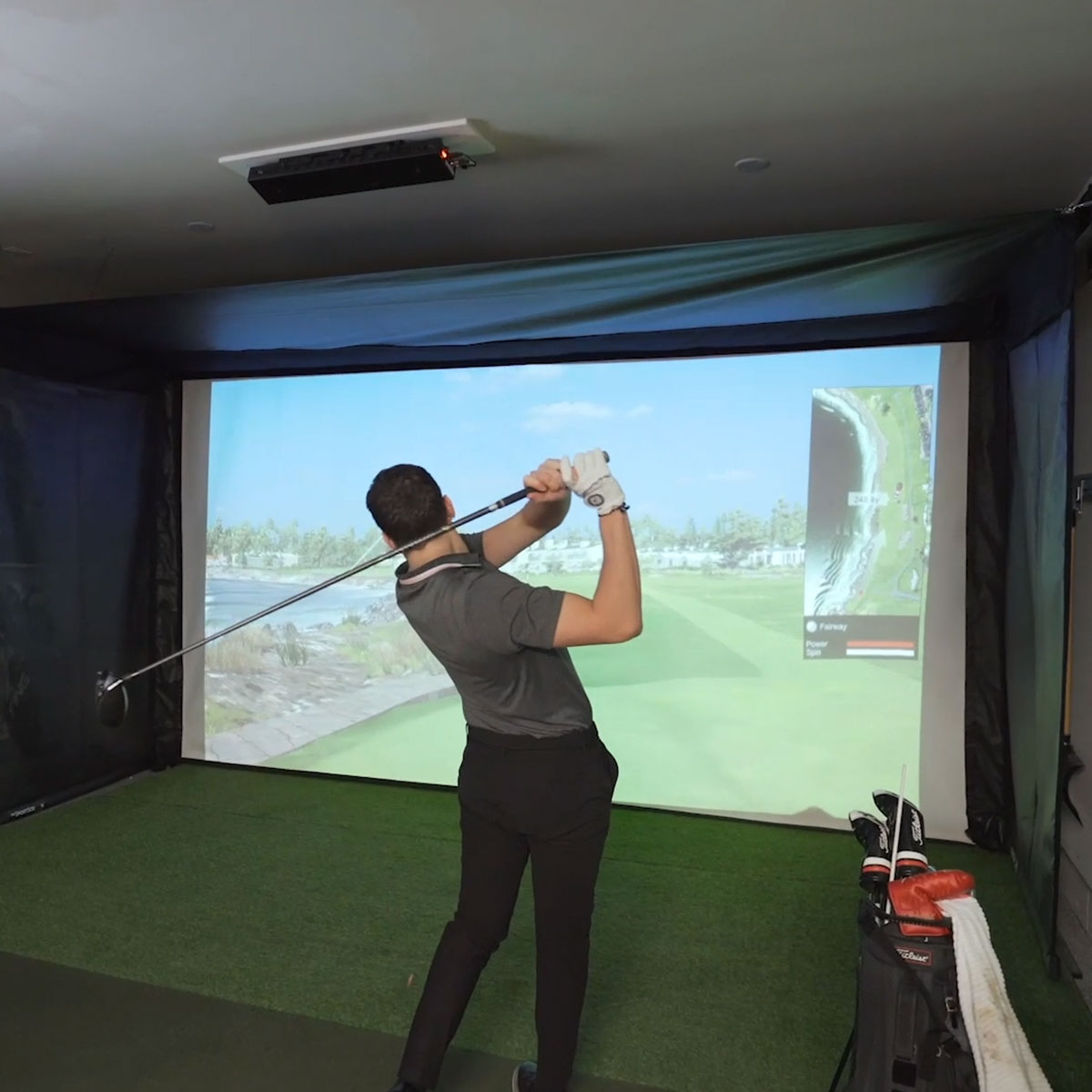 Bushnell Launch Pro Circle B SportScreen Vanish Retractable Golf Studio Complete Package | Home Golf Simulator Studio with Impact Screen, Enclosure, Hitting Mat, Putting Turf & Projector