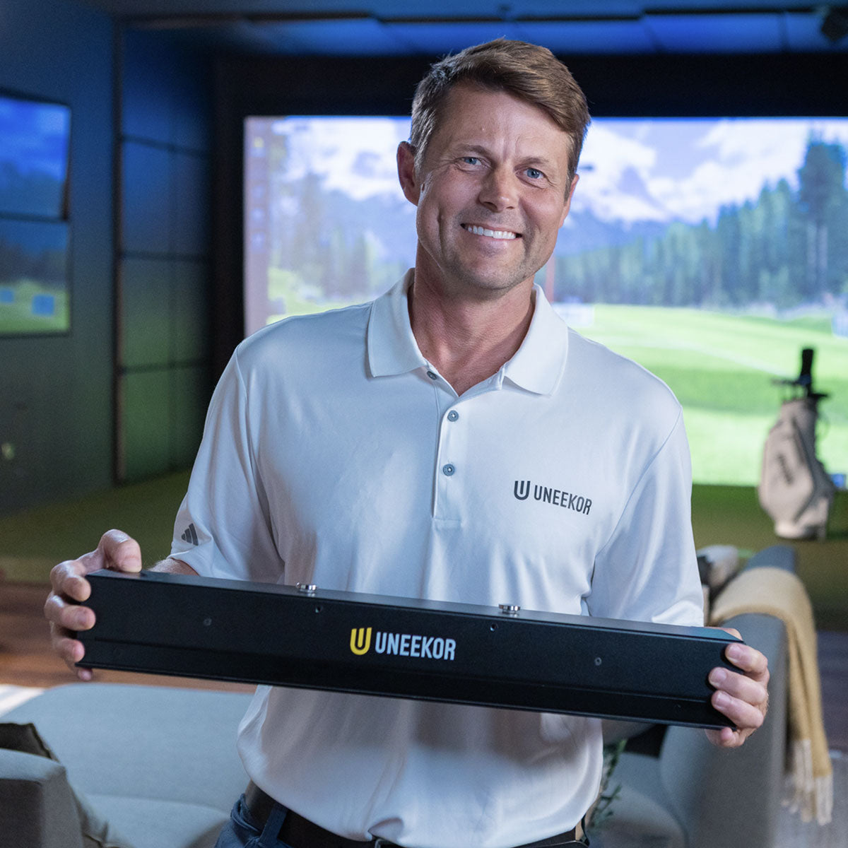 Uneekor EYE XR with PlayBetter SimStudio™ OVERHEAD Premium Home Golf Studio Package with Carl's Place Curved Enclosure