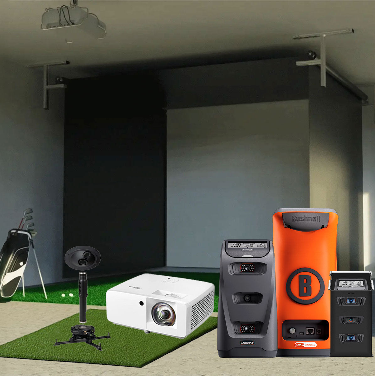 Bushnell Launch Pro Circle B SportScreen Vanish Retractable Golf Studio Complete Package | Home Golf Simulator Studio with Impact Screen, Enclosure, Hitting Mat, Putting Turf & Projector