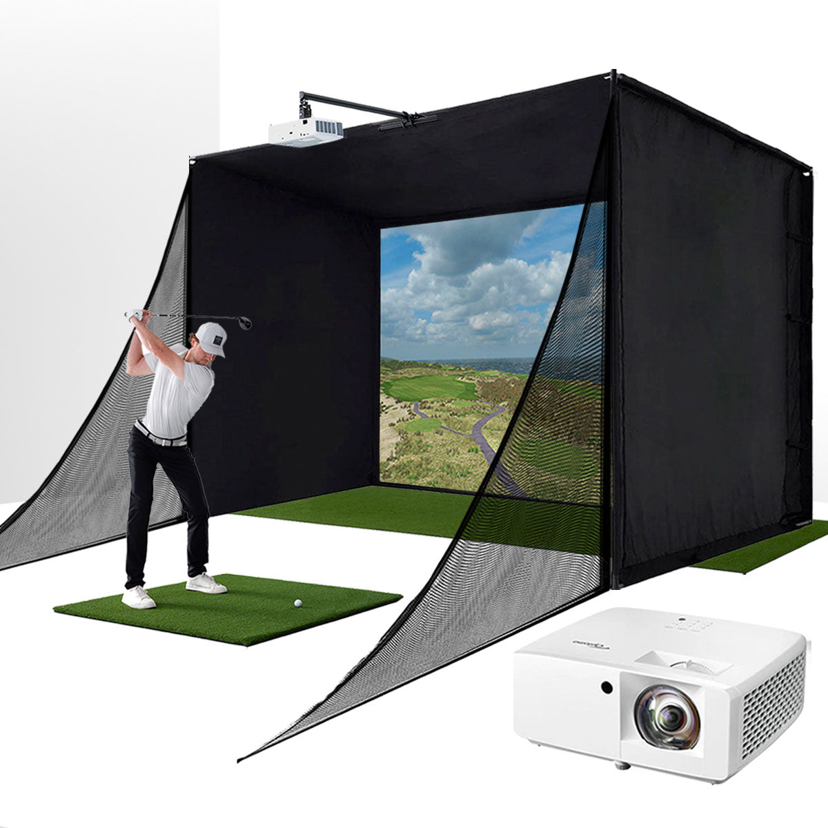 PlayBetter SimStudio™ COMPLETE by Golficity | Home Golf Simulator Package with Enclosure, Impact Screen, Hitting/Putting Mats, Side Barriers & Projector