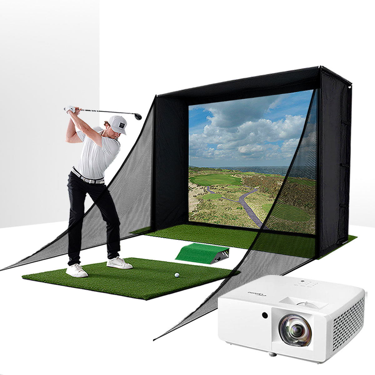 PlayBetter SimStudio™ COMPLETE by Golficity | Home Golf Simulator Package with Enclosure, Impact Screen, Hitting/Putting Mats, Side Barriers & Projector