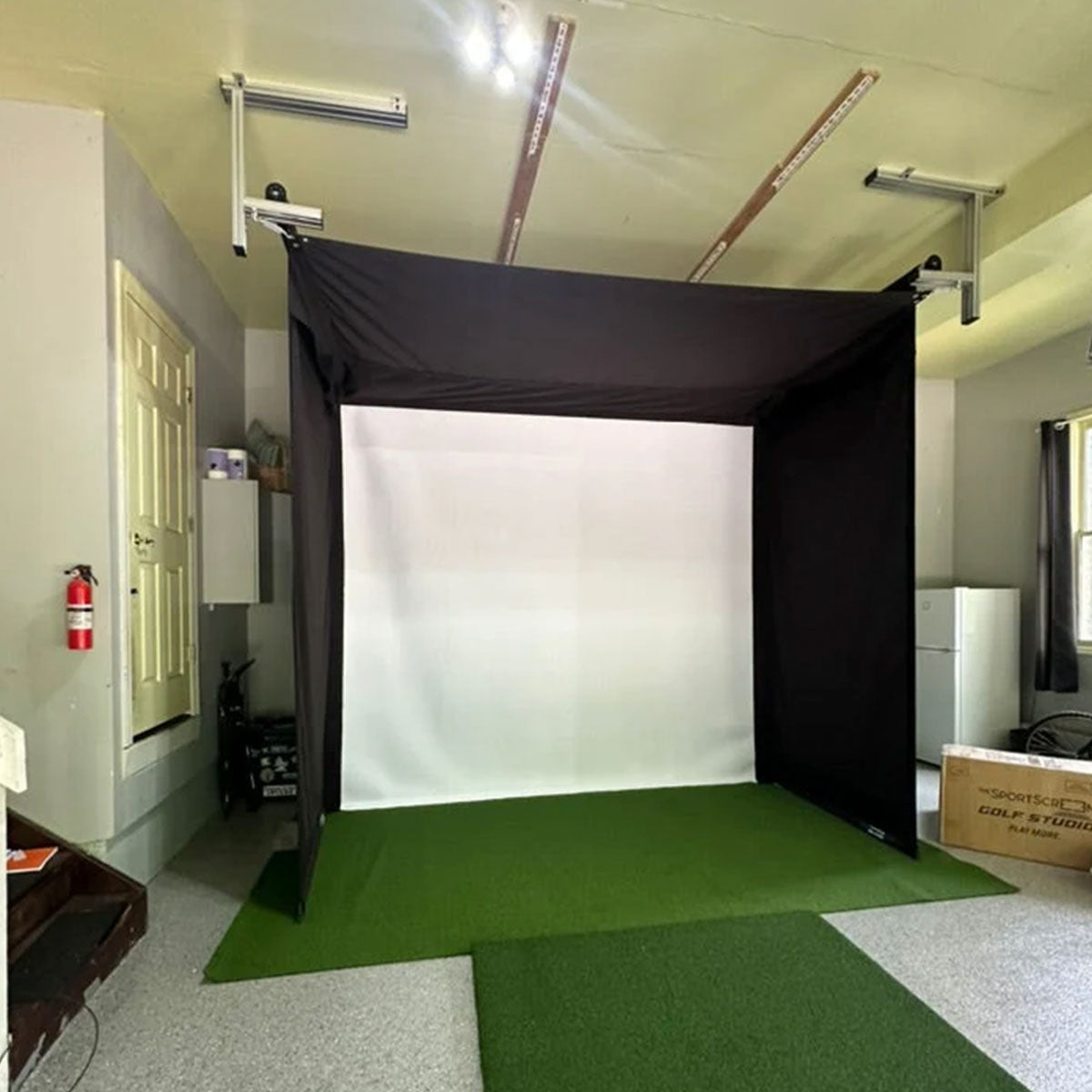 SportScreen Vanish Retractable Golf Studio Complete Package by Golficity | Home Golf Simulator Studio with Impact Screen, Enclosure, Hitting Mat, Putting Turf & Projector