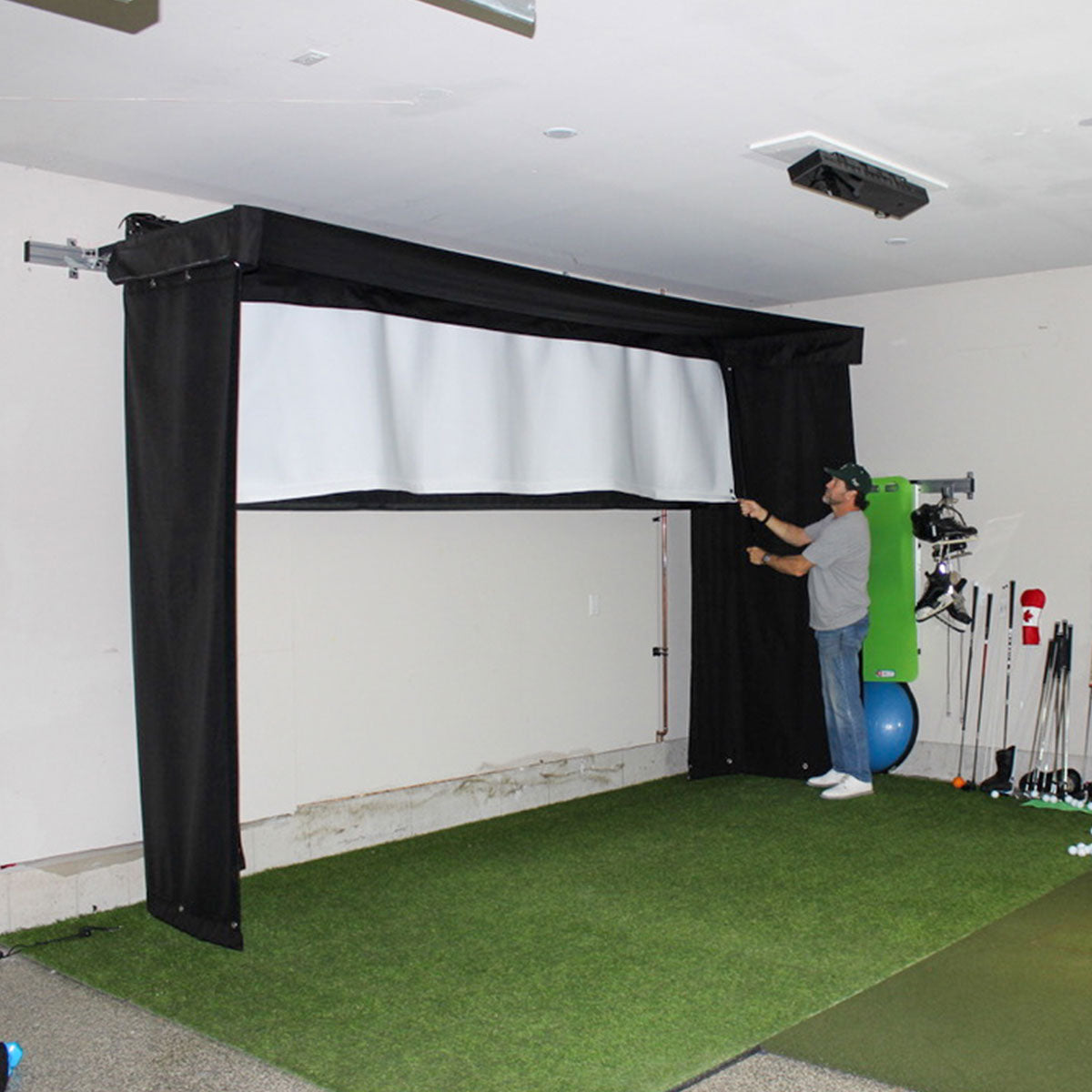 TruGolf LaunchBox SportScreen Vanish LITE Hybrid-Retractable Golf Studio Complete Package | Home Golf Simulator Studio with Impact Screen, Enclosure, Hitting Mat, Putting Turf & Projector
