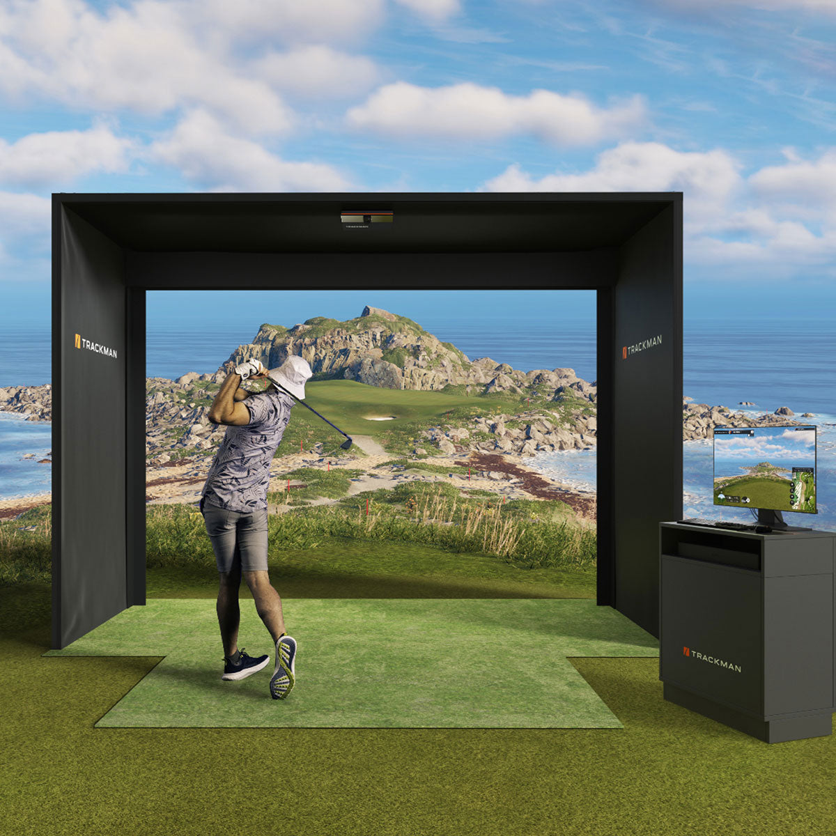 Trackman iO with PlayBetter SimStudio™ ESSENTIALS Package | Golf Simulator Studio with Impact Screen, Enclosure, Hitting Mat & Projector