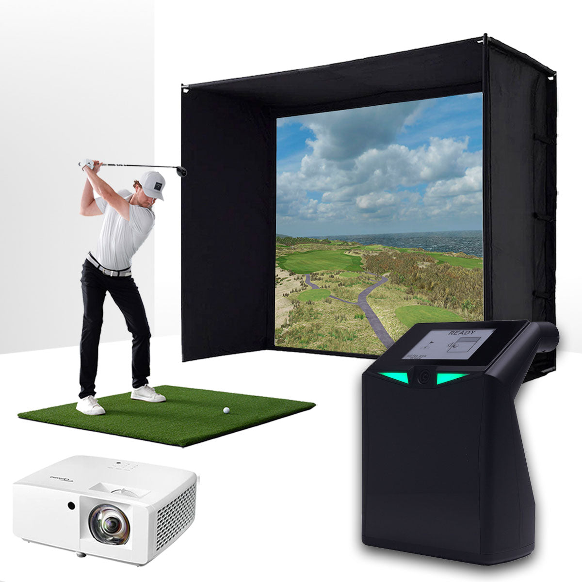 TruGolf LaunchBox with PlayBetter SimStudio™ ESSENTIALS Package | Golf Simulator Studio with Impact Screen, Enclosure, Hitting Mat & Projector