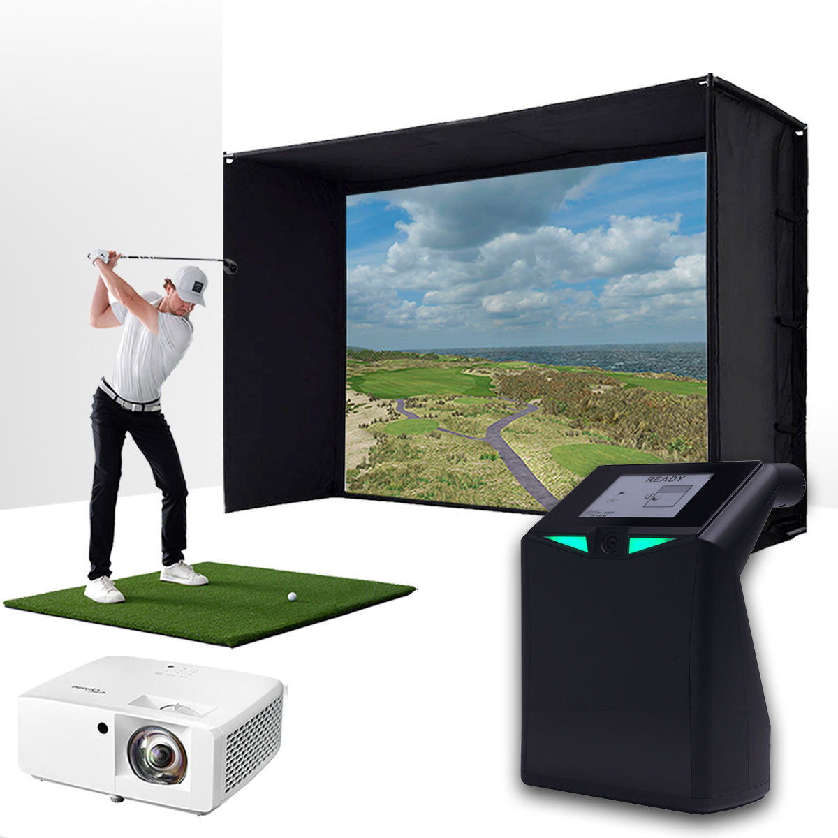TruGolf LaunchBox with PlayBetter SimStudio™ ESSENTIALS Package | Golf Simulator Studio with Impact Screen, Enclosure, Hitting Mat & Projector