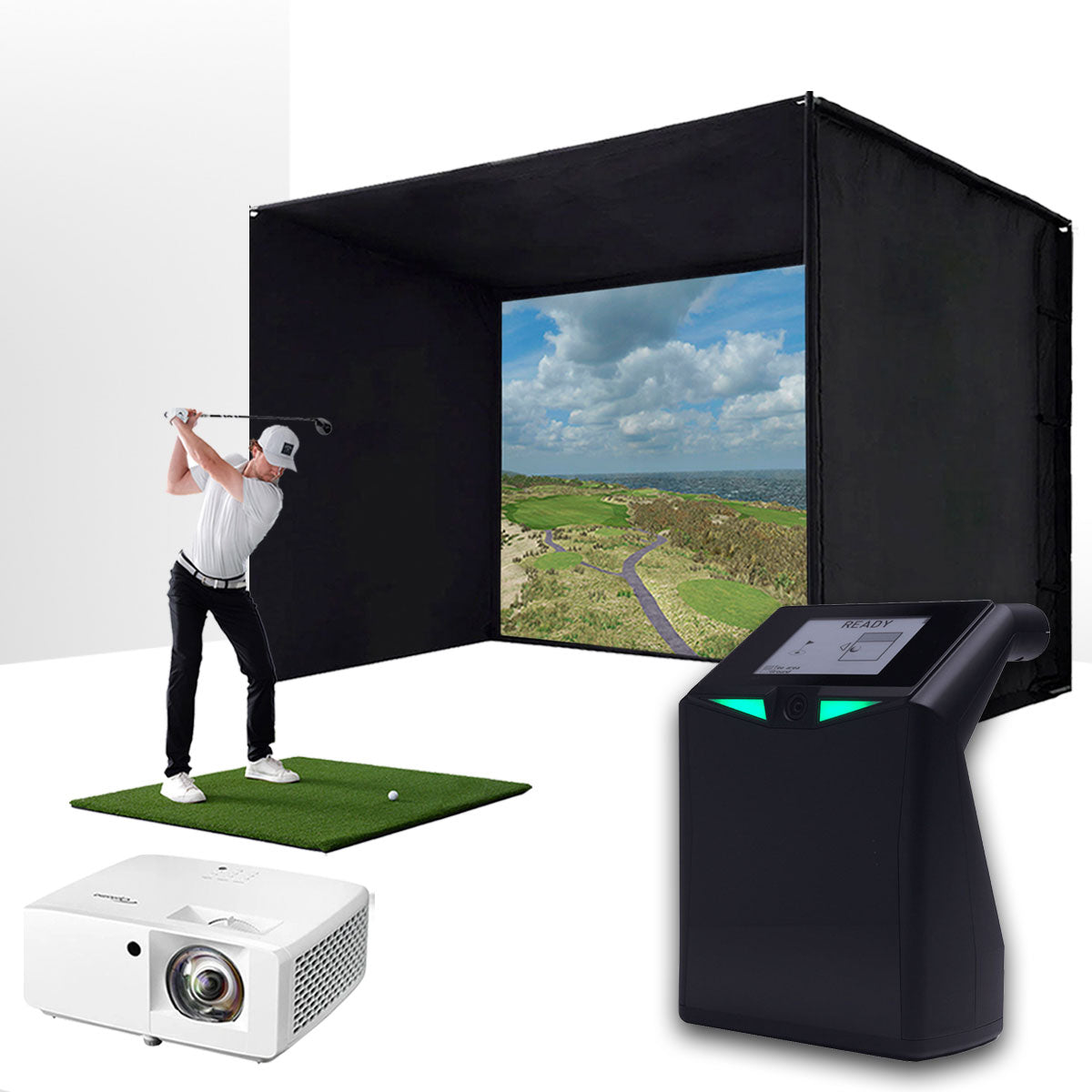 TruGolf LaunchBox with PlayBetter SimStudio™ ESSENTIALS Package | Golf Simulator Studio with Impact Screen, Enclosure, Hitting Mat & Projector